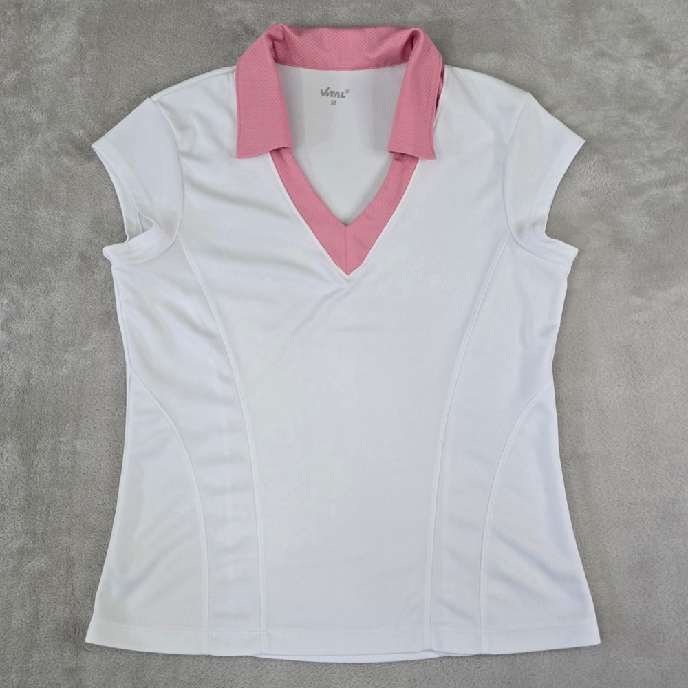 White Short Sleeve V-Neck Polo Tee with Pink Collar
